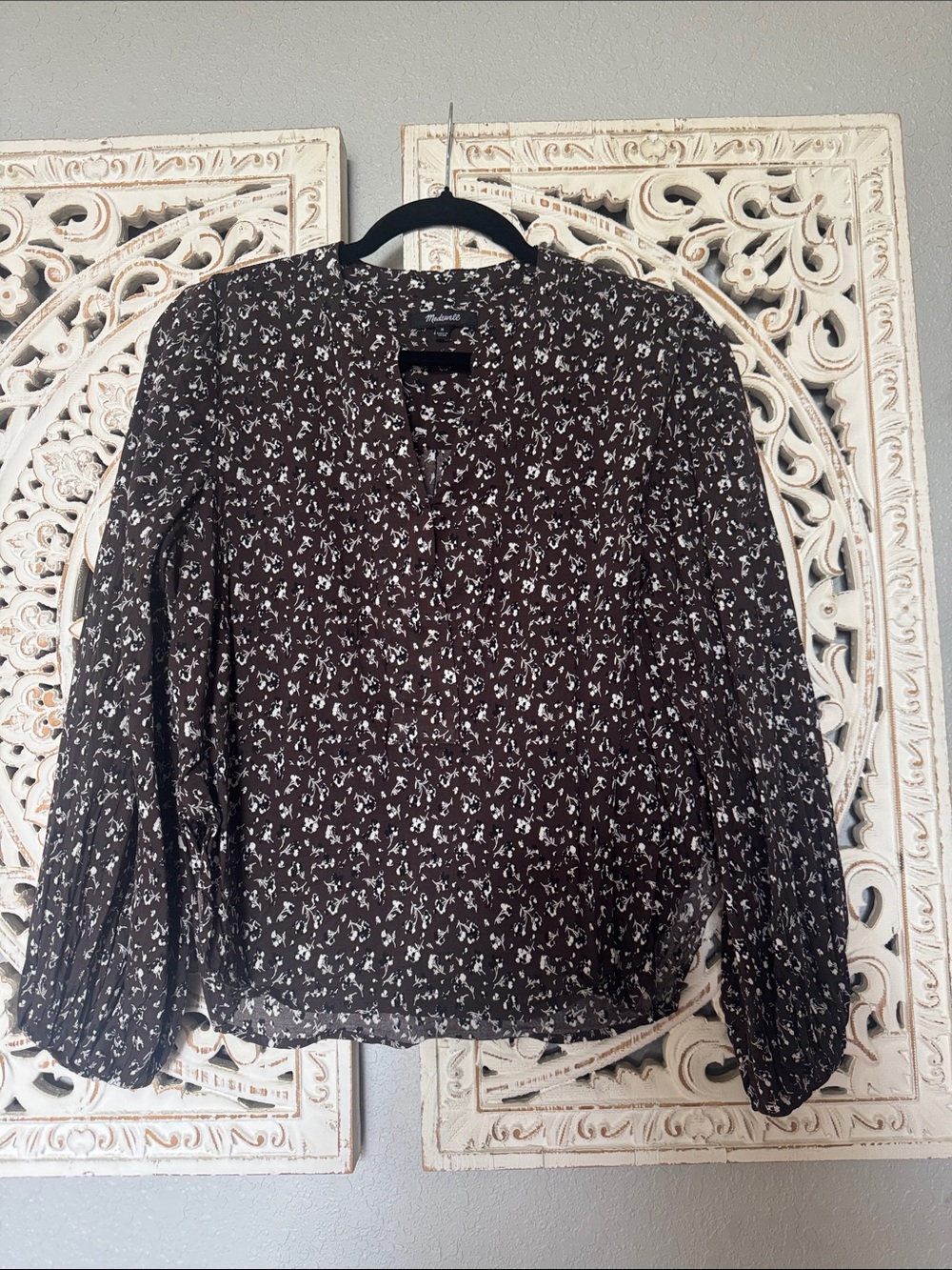 Madewell Black Floral Split-Neck Long-Sleeve Blouse